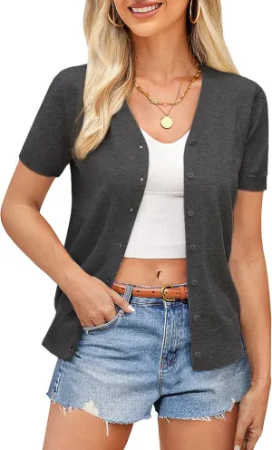 GRACE KARIN Womens 2025 Basic Summer Short Sleeve Cardigan Sweaters Lightweight V-Neck Button Down Cropped Shrug Sweater Tops