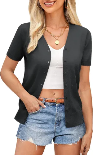 GRACE KARIN Womens 2025 Basic Summer Short Sleeve Cardigan Sweaters Lightweight V-Neck Button Down Cropped Shrug Sweater Tops
