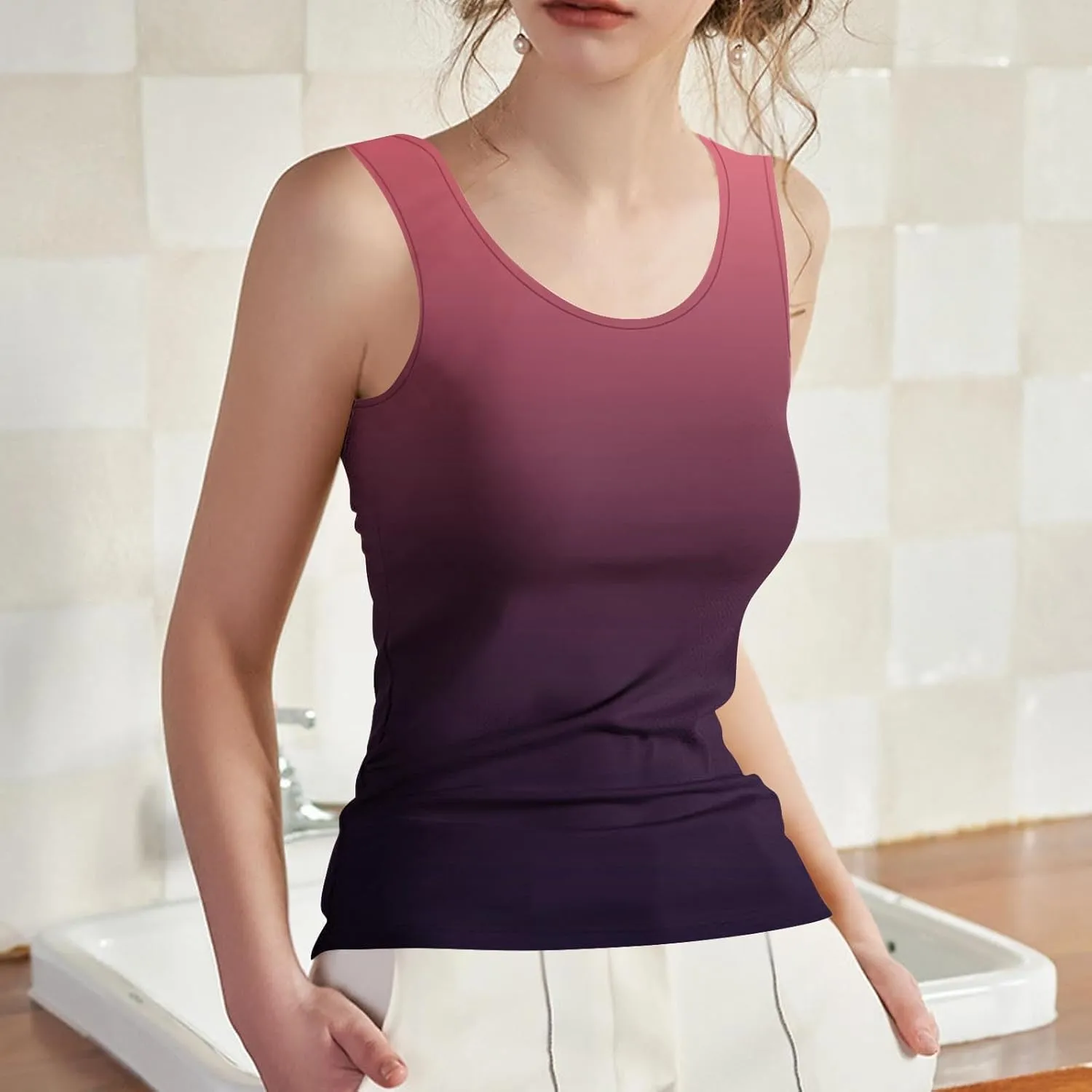 Gradient Tank Tops for Women Built in Bra Ombre Sleeveless Athletic Workout Camisole Tops Comfy Stretchy Daily Yoga Top
