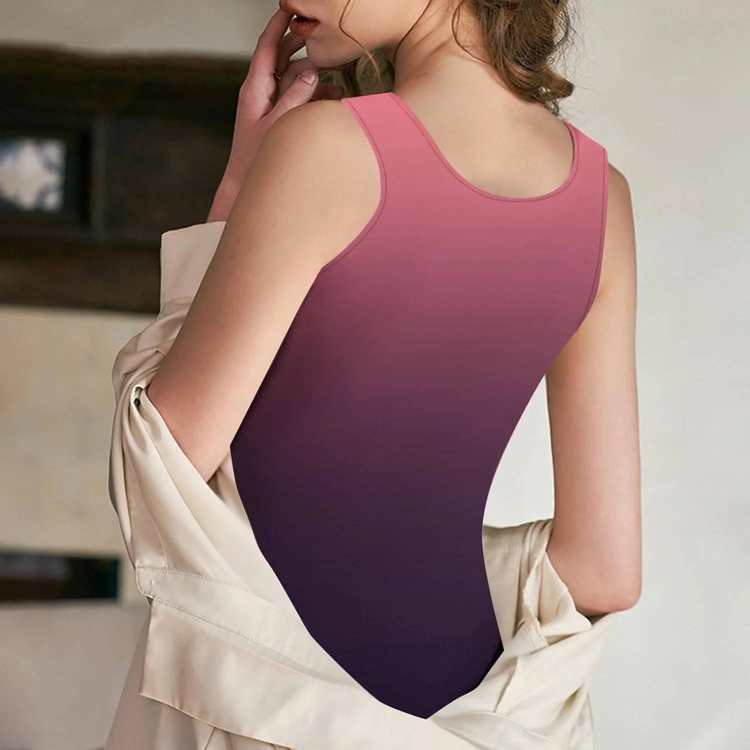 Gradient Tank Tops for Women Built in Bra Ombre Sleeveless Athletic Workout Camisole Tops Comfy Stretchy Daily Yoga Top