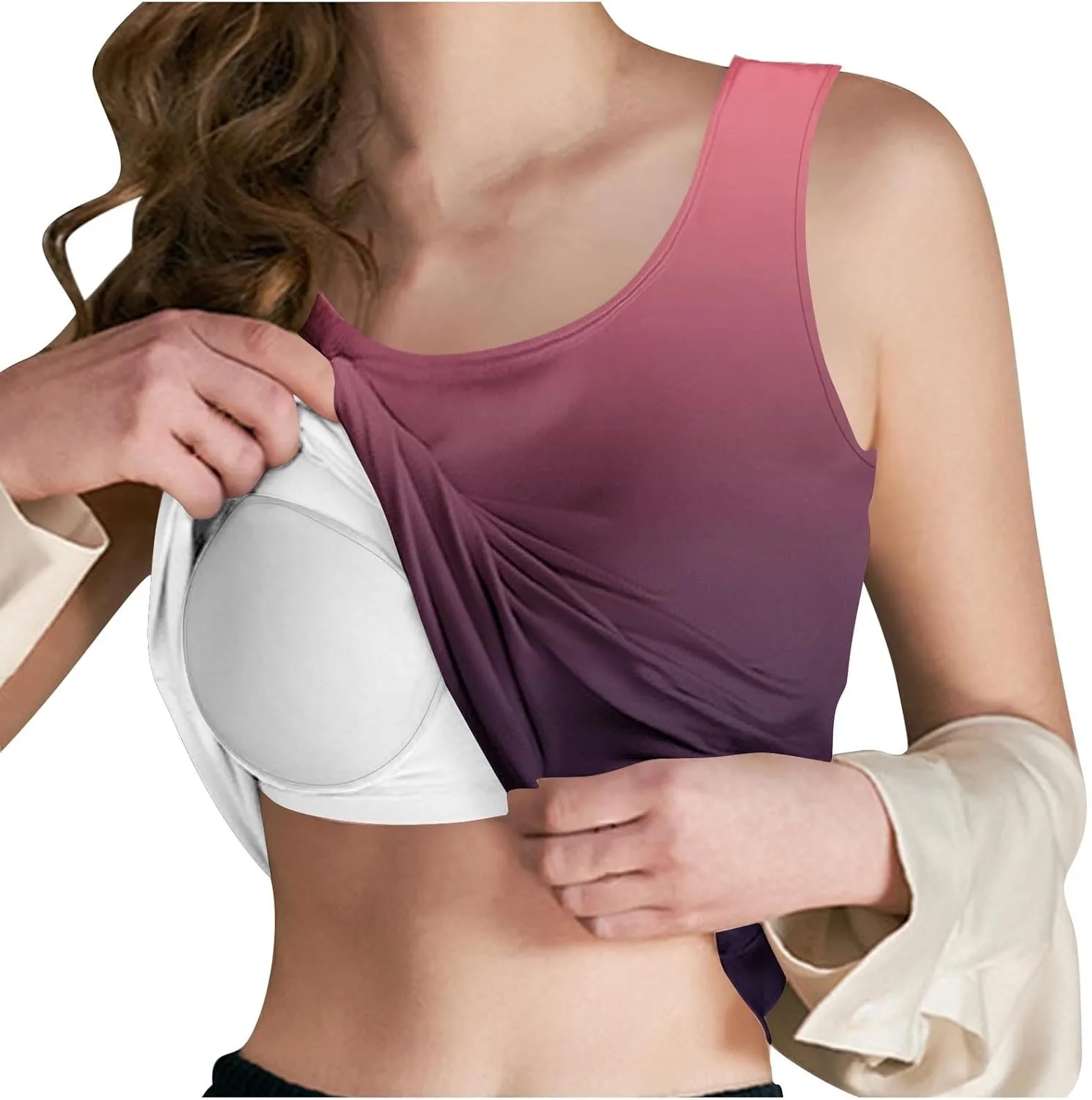 Gradient Tank Tops for Women Built in Bra Ombre Sleeveless Athletic Workout Camisole Tops Comfy Stretchy Daily Yoga Top
