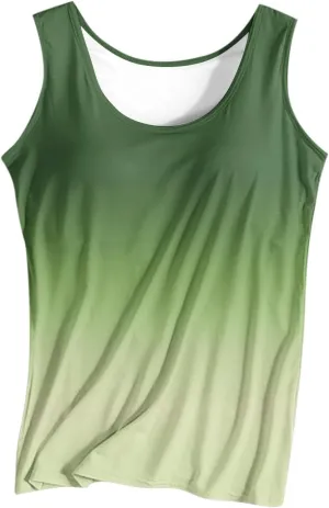 Gradient Tank Tops for Women Built in Bra Ombre Sleeveless Athletic Workout Camisole Tops Comfy Stretchy Daily Yoga Top
