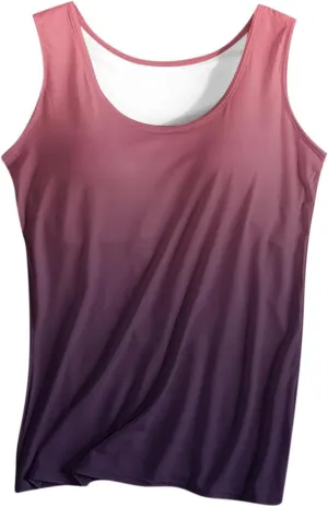 Gradient Tank Tops for Women Built in Bra Ombre Sleeveless Athletic Workout Camisole Tops Comfy Stretchy Daily Yoga Top