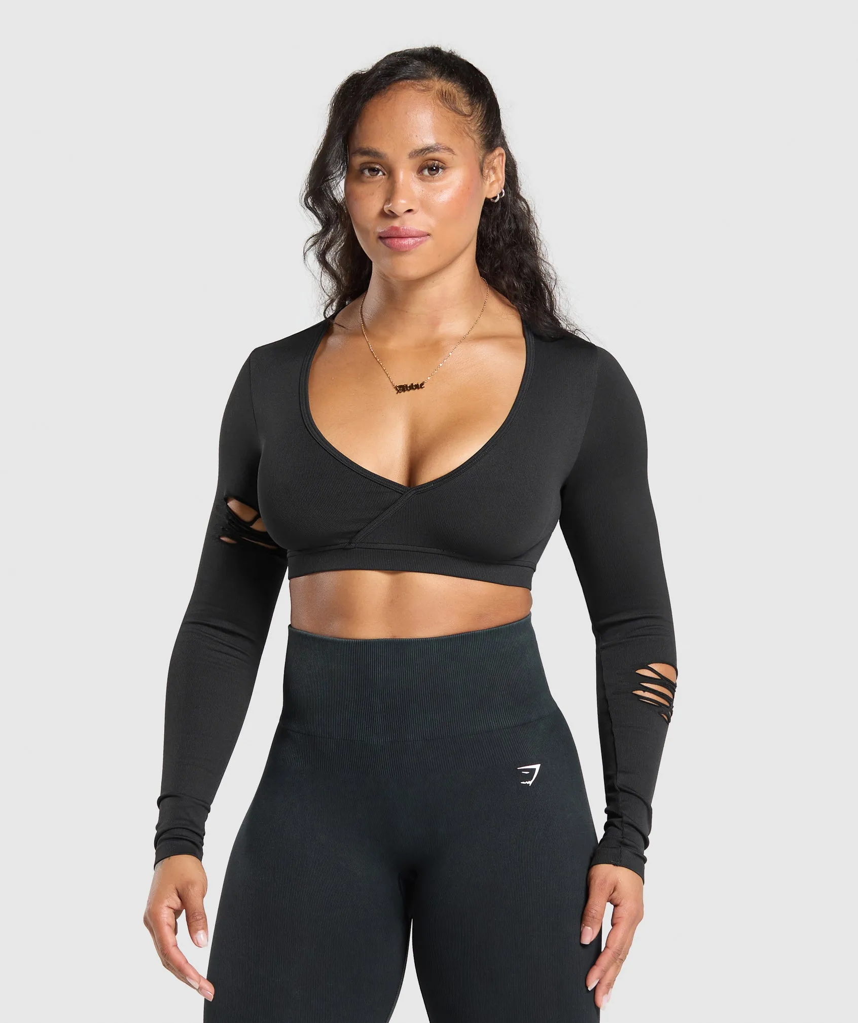 Gymshark Gains Seamless Distressed Super Crop Top - Black