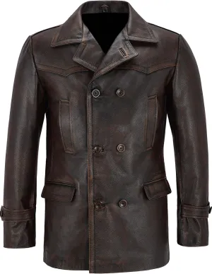 Handid Distressed Brown Rub Off Real Leather Trench Coat Blazer for Men