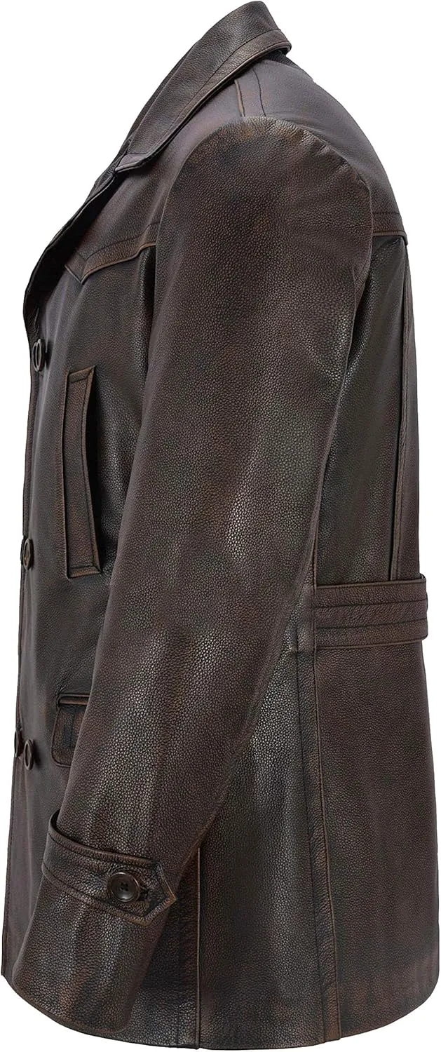 Handid Distressed Brown Rub Off Real Leather Trench Coat Blazer for Men