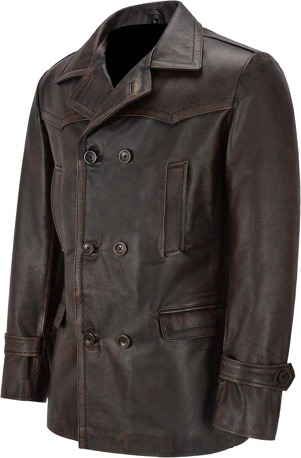 Handid Distressed Brown Rub Off Real Leather Trench Coat Blazer for Men