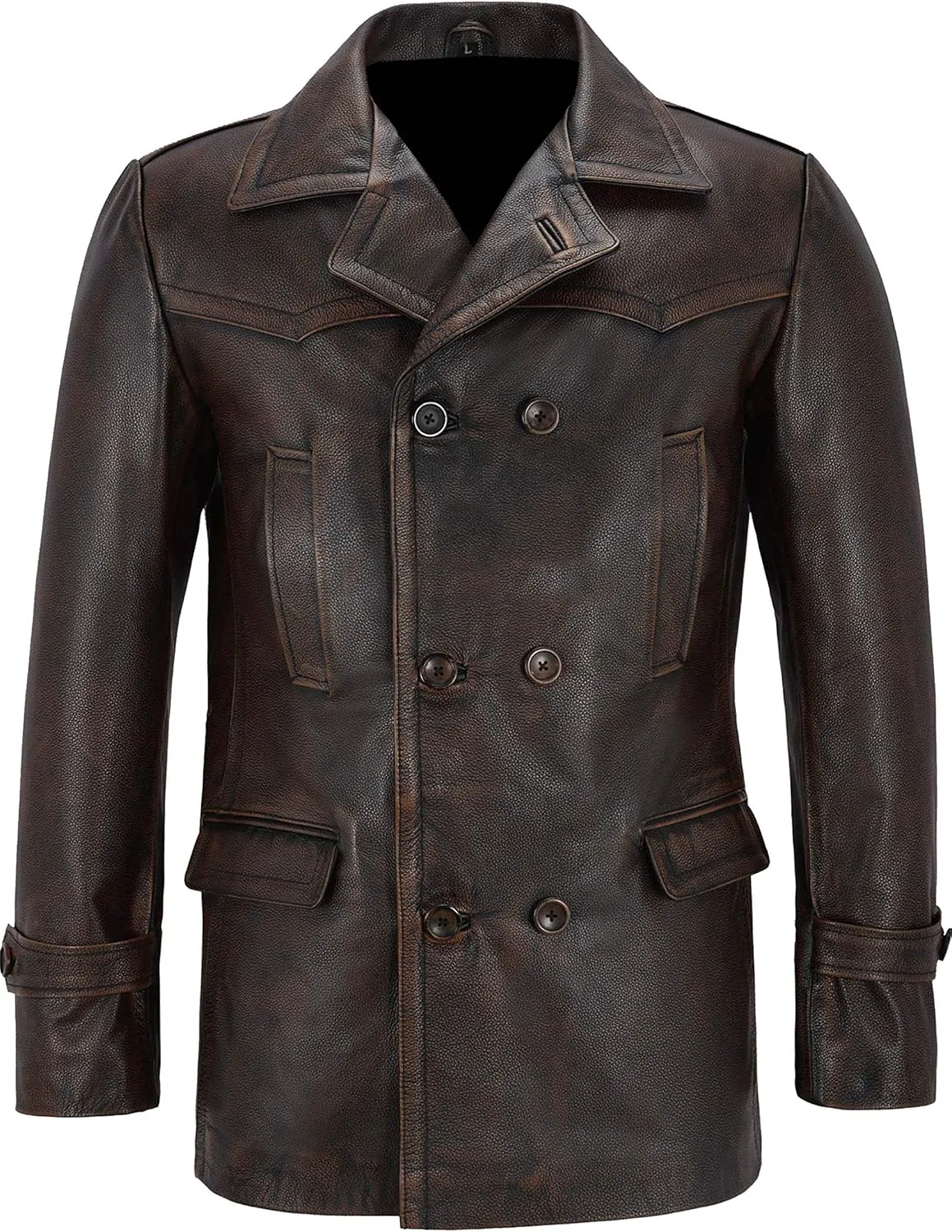Handid Distressed Brown Rub Off Real Leather Trench Coat Blazer for Men