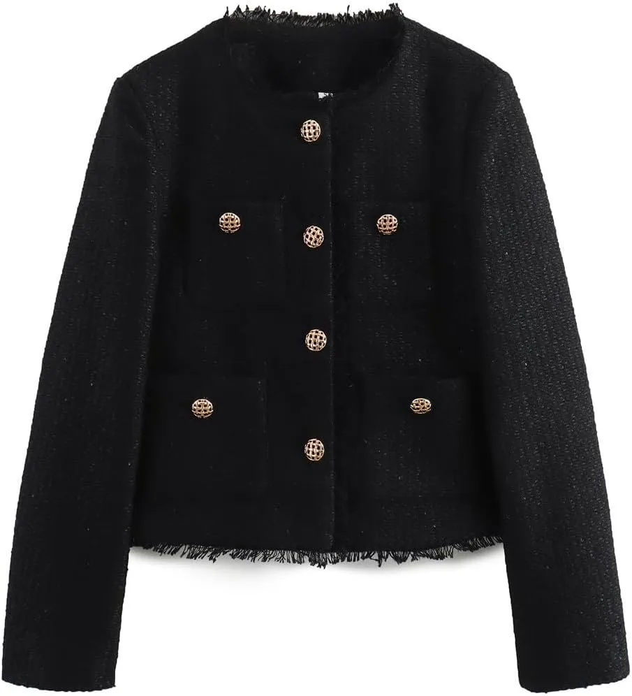 hathne Womens Tweed Blazers Jackets Casual Long Sleeve Button Down Cropped Jacket Coat Tops with Pocket