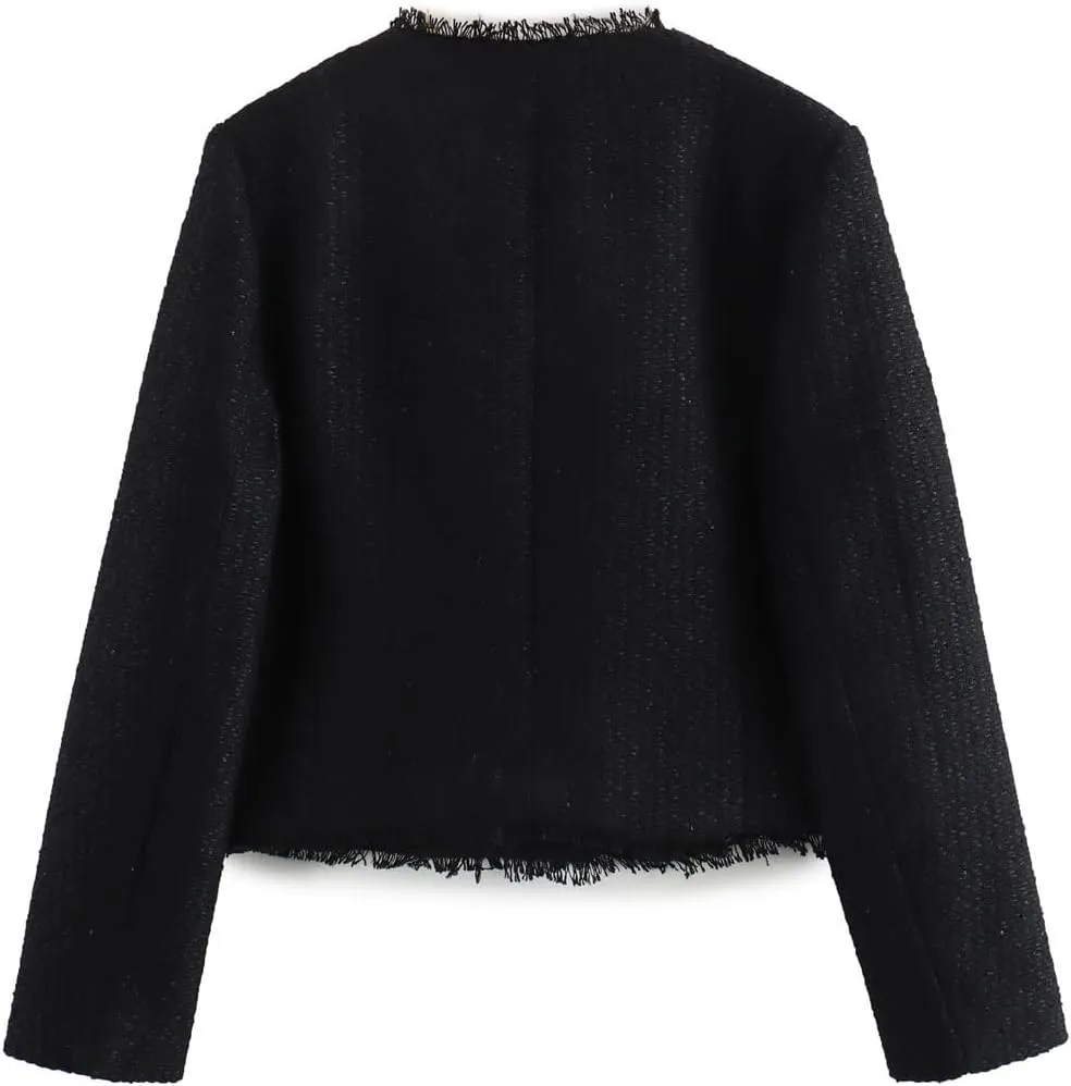hathne Womens Tweed Blazers Jackets Casual Long Sleeve Button Down Cropped Jacket Coat Tops with Pocket