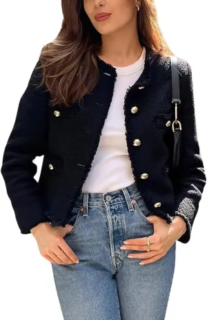 hathne Womens Tweed Blazers Jackets Casual Long Sleeve Button Down Cropped Jacket Coat Tops with Pocket
