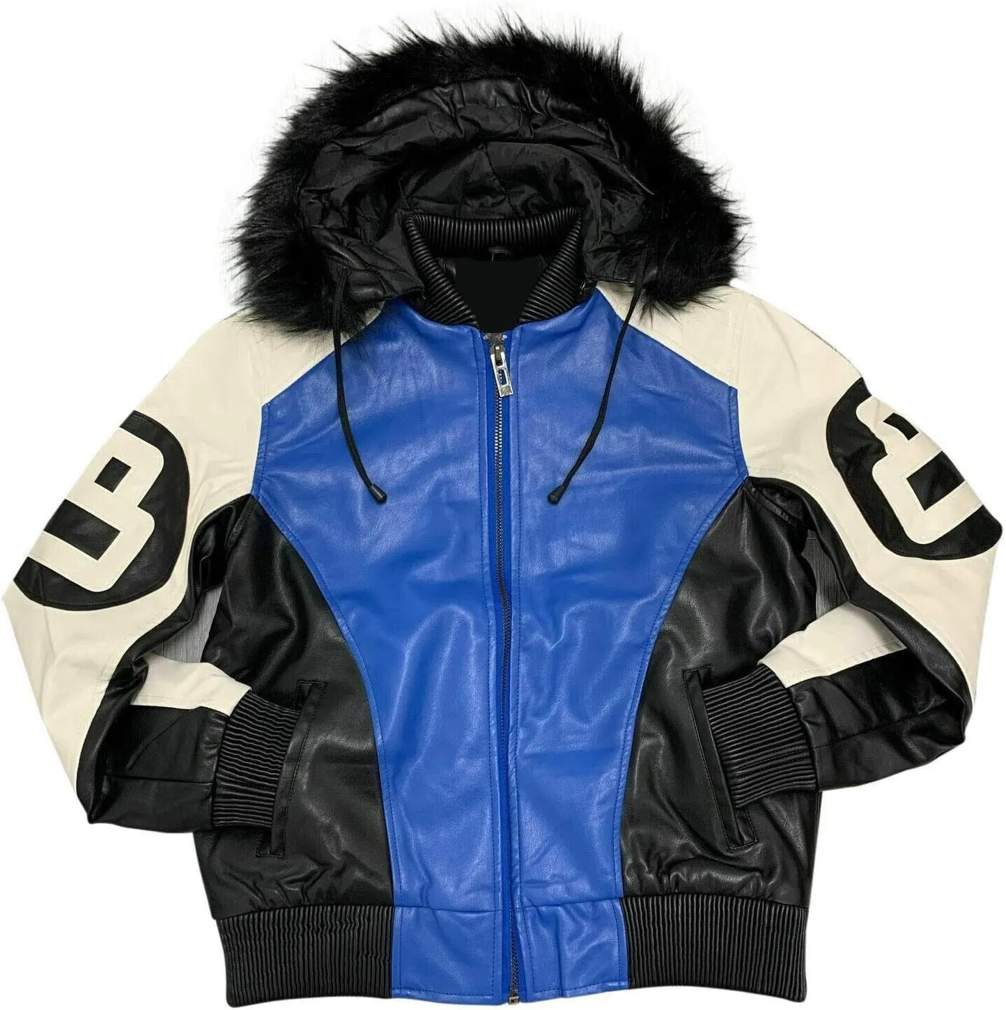Hifa Men's Authentic 8 Ball Logo Pool Billiard Cue Bomber 90's Retro PU Faux Leather Jacket With Fur Hood