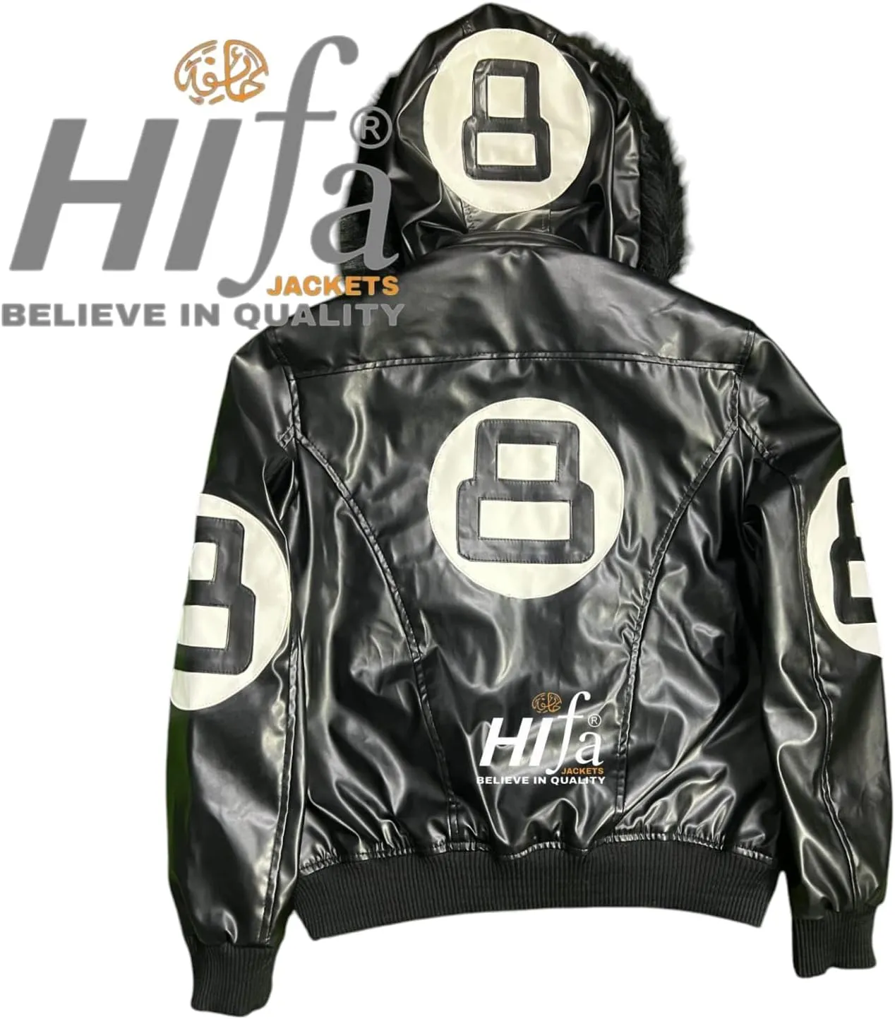 Hifa Men's Authentic 8 Ball Logo Pool Billiard Cue Bomber 90's Retro PU Faux Leather Jacket With Fur Hood