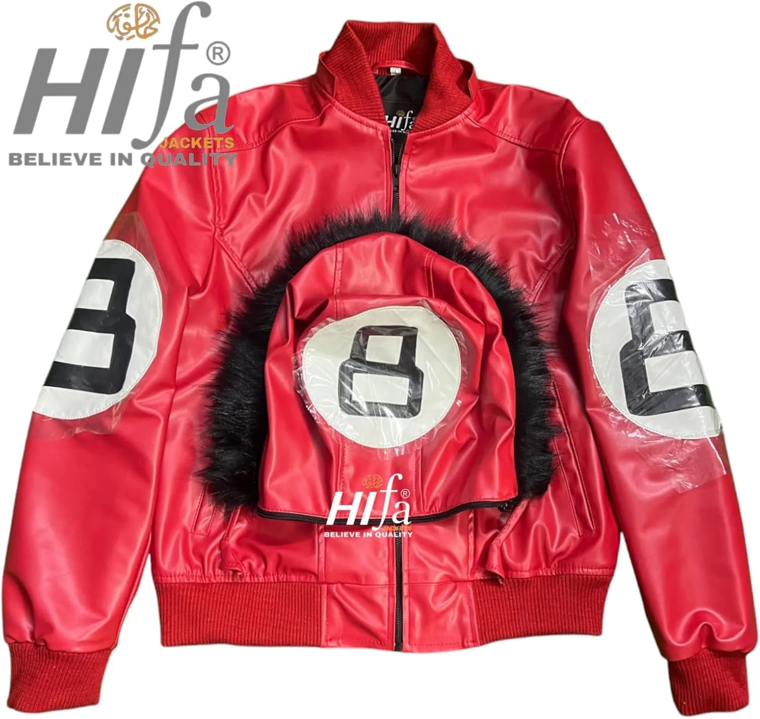 Hifa Men's Authentic 8 Ball Logo Pool Billiard Cue Bomber 90's Retro PU Faux Leather Jacket With Fur Hood