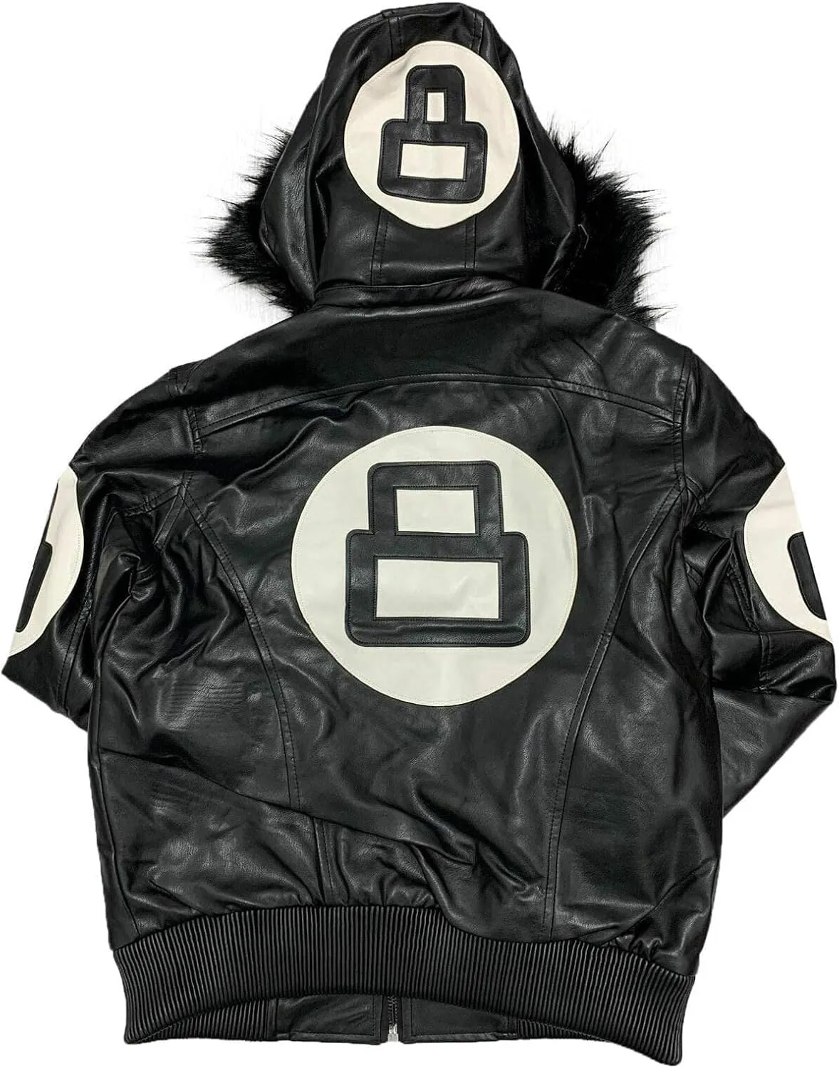 Hifa Men's Authentic 8 Ball Logo Pool Billiard Cue Bomber 90's Retro PU Faux Leather Jacket With Fur Hood