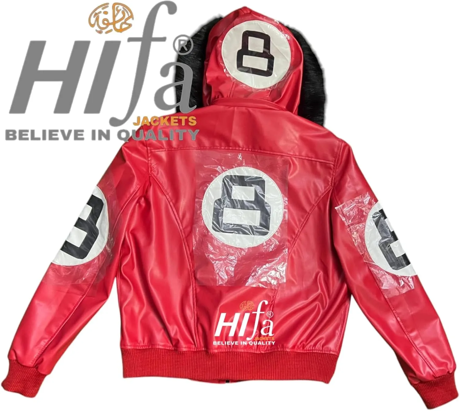 Hifa Men's Authentic 8 Ball Logo Pool Billiard Cue Bomber 90's Retro PU Faux Leather Jacket With Fur Hood