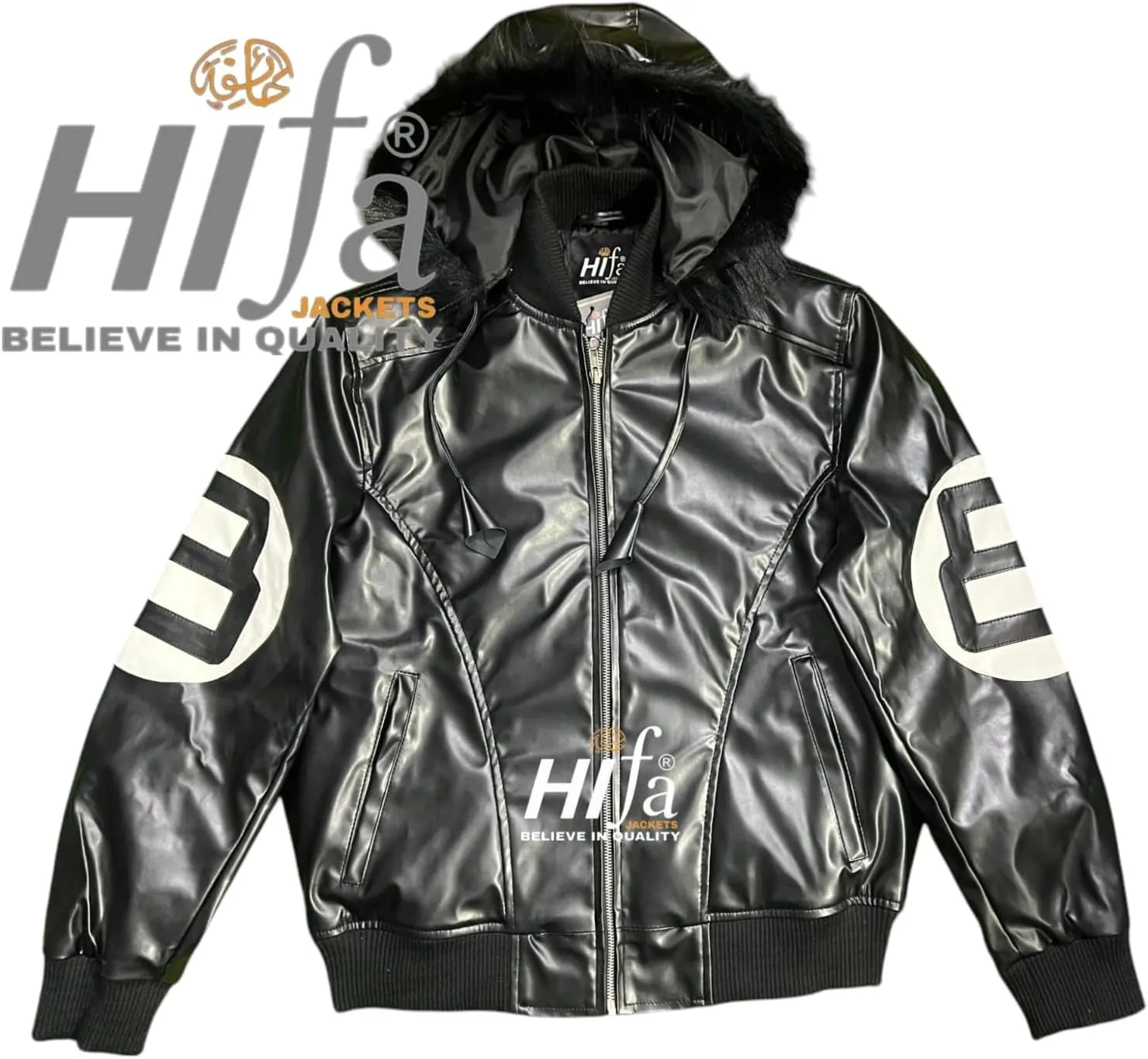 Hifa Men's Authentic 8 Ball Logo Pool Billiard Cue Bomber 90's Retro PU Faux Leather Jacket With Fur Hood