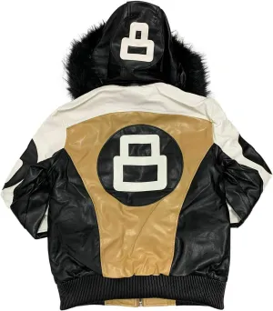 Hifa Men's Authentic 8 Ball Logo Pool Billiard Cue Bomber 90's Retro PU Faux Leather Jacket With Fur Hood