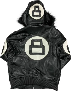 Hifa Men's Authentic 8 Ball Logo Pool Billiard Cue Bomber 90's Retro PU Faux Leather Jacket With Fur Hood