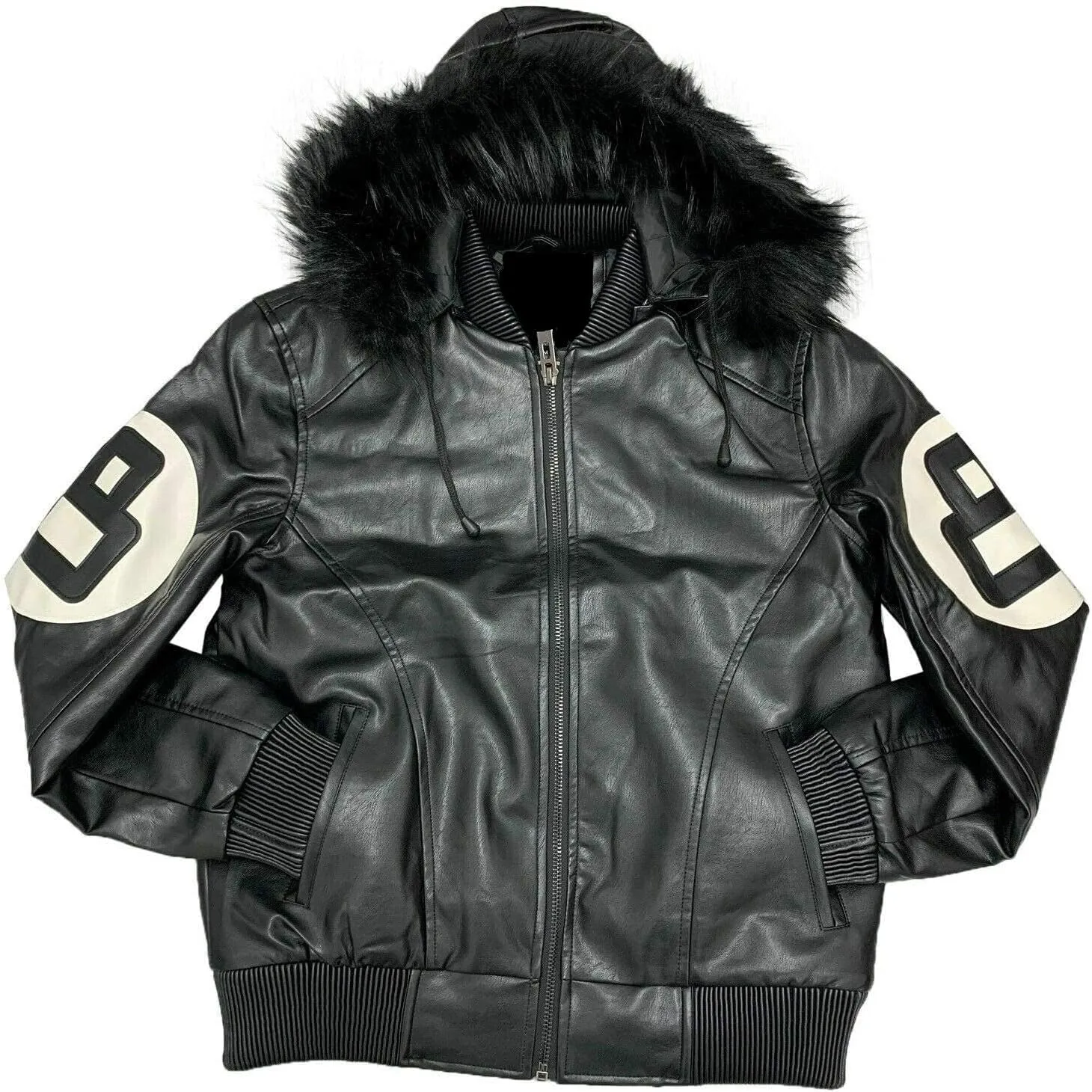 Hifa Men's Authentic 8 Ball Logo Pool Billiard Cue Bomber 90's Retro PU Faux Leather Jacket With Fur Hood