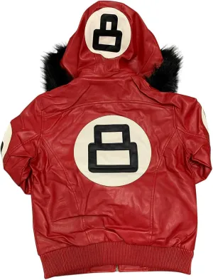 Hifa Men's Authentic 8 Ball Logo Pool Billiard Cue Bomber 90's Retro PU Faux Leather Jacket With Fur Hood