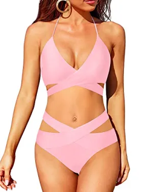 High Waisted Bikini 2 Piece Swimsuit Halter Wrap Criss Cross Push Up Set-Light Pink
