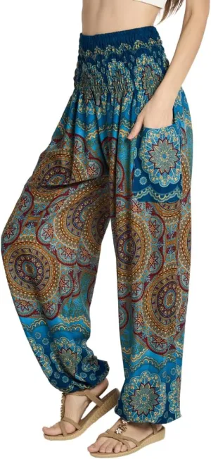 High-Waisted Yoga Pants, 100% Rayon, Boho/Harem Style with Pockets  Comfortable for Yoga or Casual Wear Bluish XS
