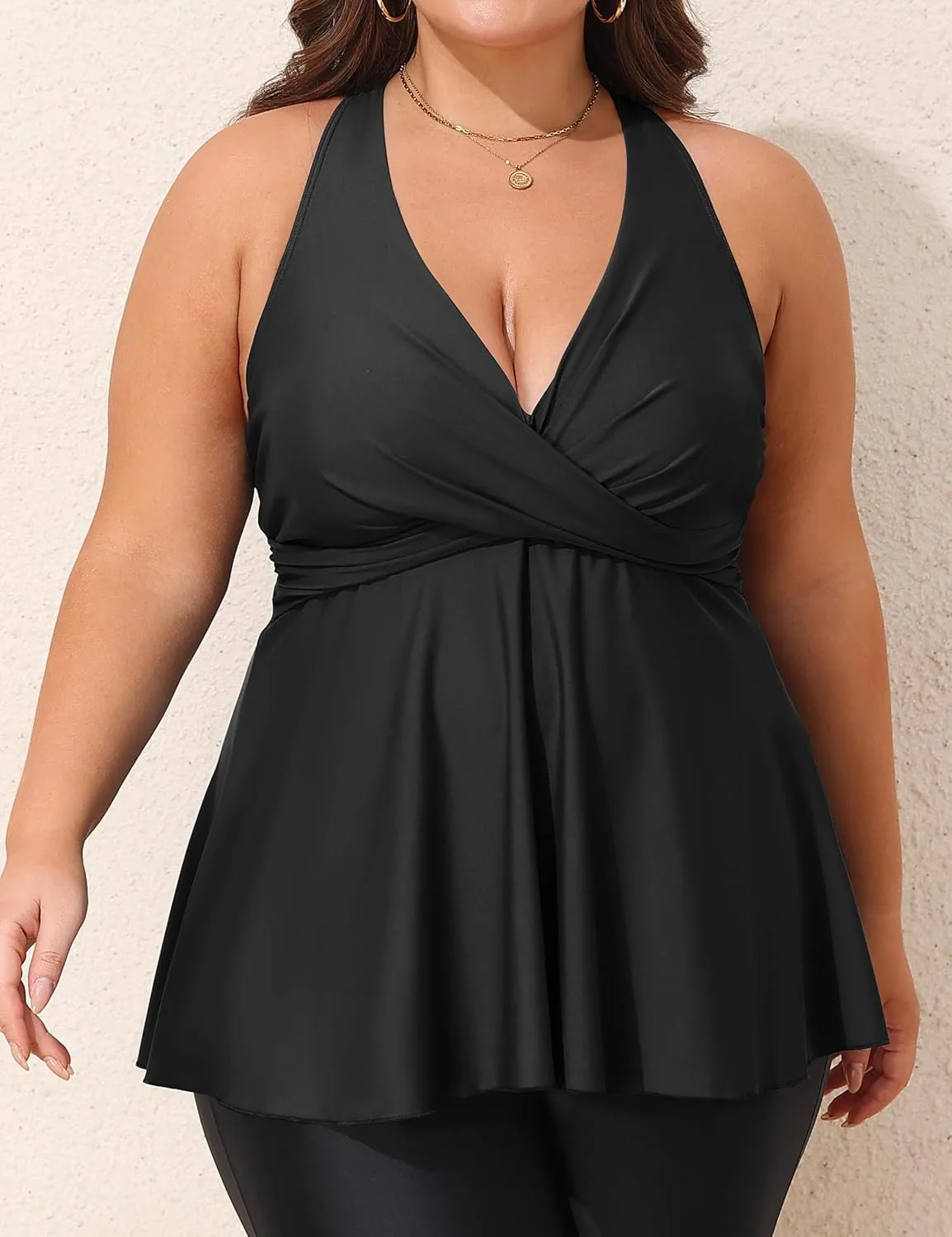 Hilor Women's Underwire Tankini Top Swimsuits V Neck Crossover Swim Tops Flared Flowy Tankini Bathing Suits Tops