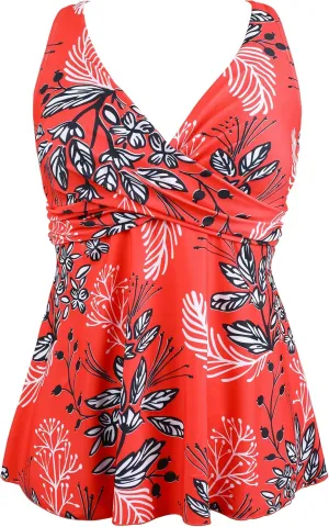 Hilor Women's Underwire Tankini Top Swimsuits V Neck Crossover Swim Tops Flared Flowy Tankini Bathing Suits Tops