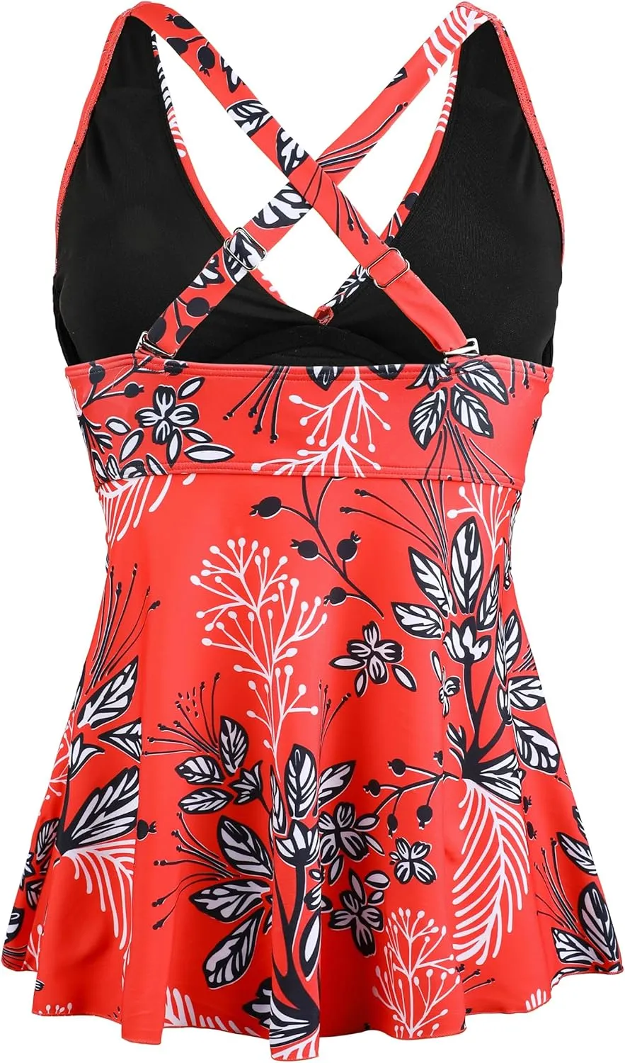 Hilor Women's Underwire Tankini Top Swimsuits V Neck Crossover Swim Tops Flared Flowy Tankini Bathing Suits Tops