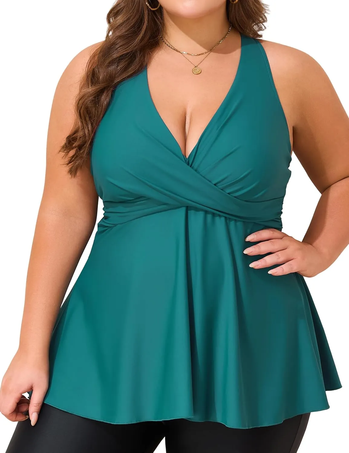 Hilor Women's Underwire Tankini Top Swimsuits V Neck Crossover Swim Tops Flared Flowy Tankini Bathing Suits Tops