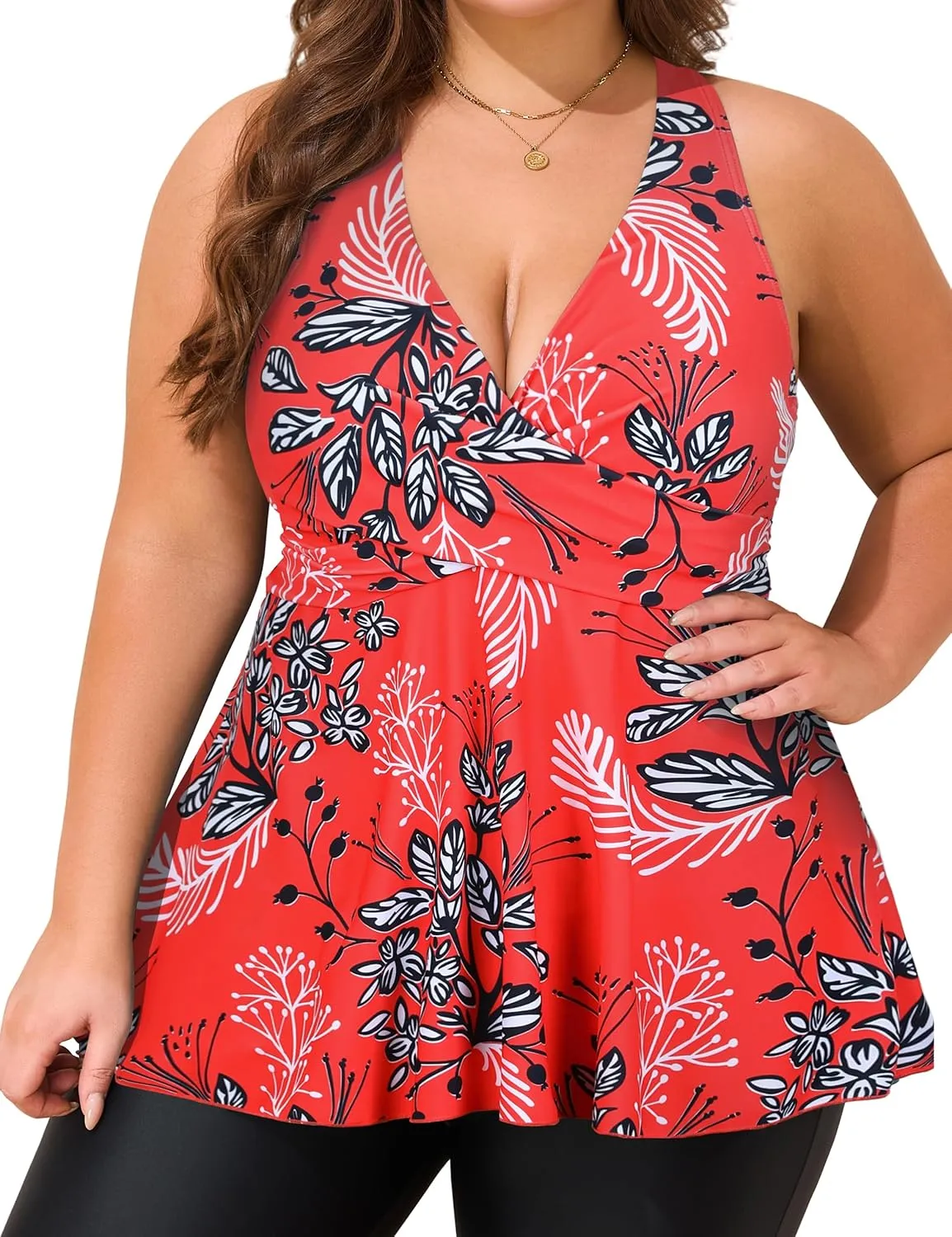 Hilor Women's Underwire Tankini Top Swimsuits V Neck Crossover Swim Tops Flared Flowy Tankini Bathing Suits Tops
