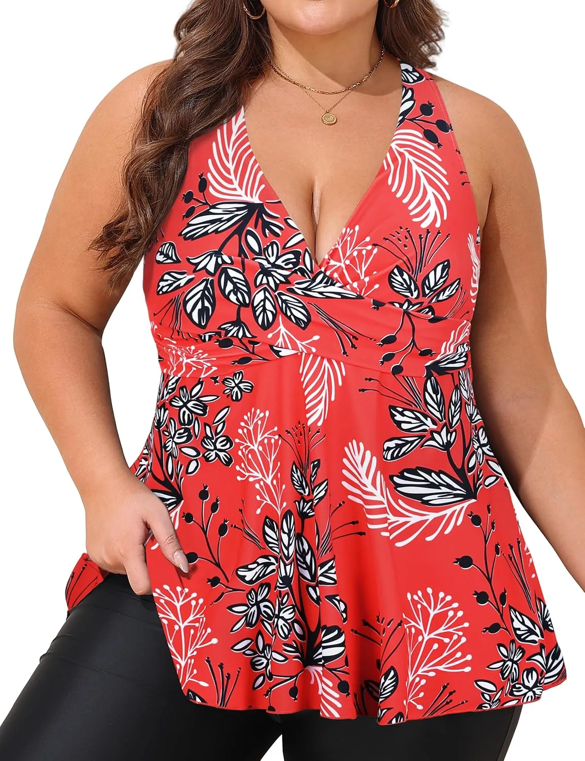 Hilor Women's Underwire Tankini Top Swimsuits V Neck Crossover Swim Tops Flared Flowy Tankini Bathing Suits Tops