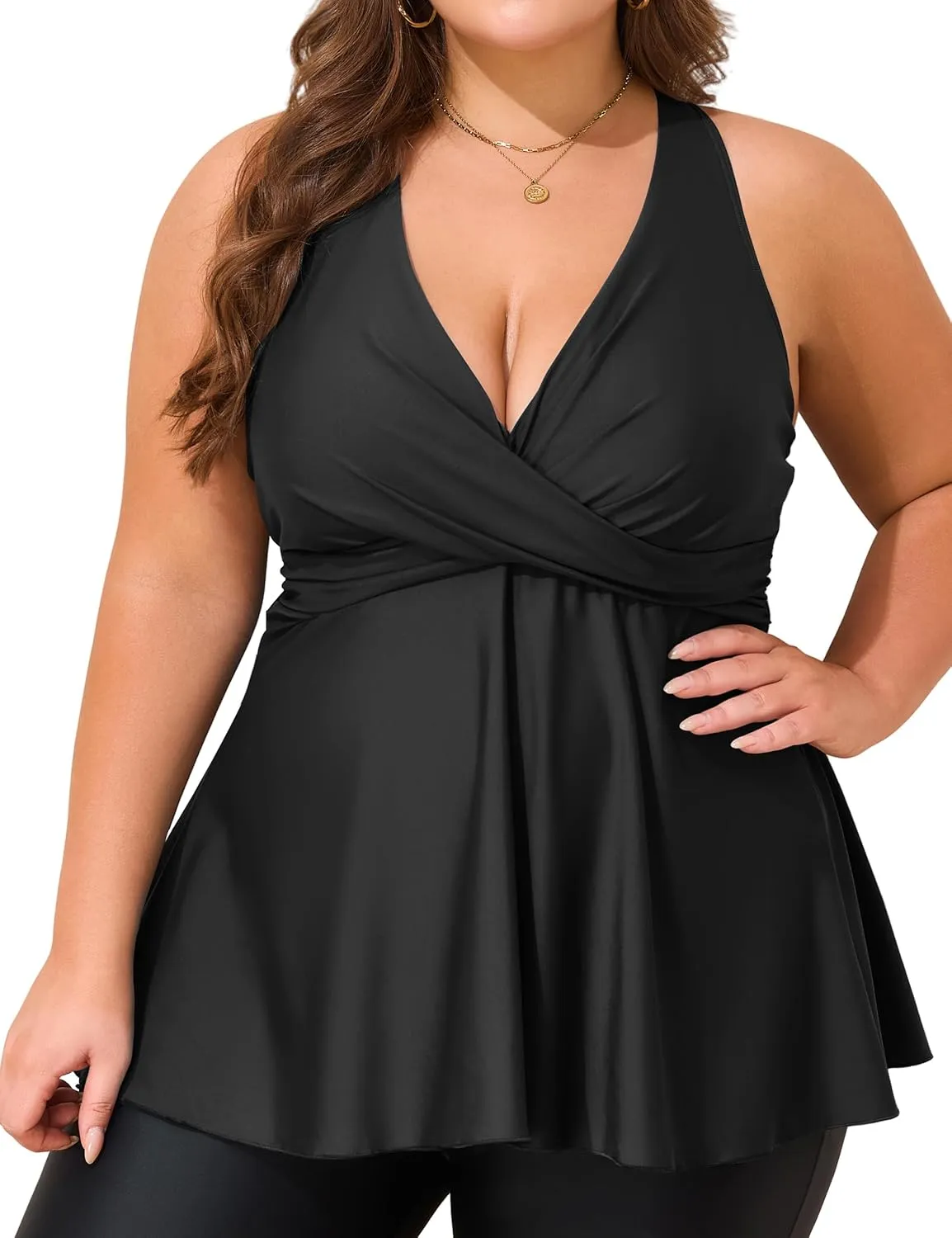 Hilor Women's Underwire Tankini Top Swimsuits V Neck Crossover Swim Tops Flared Flowy Tankini Bathing Suits Tops