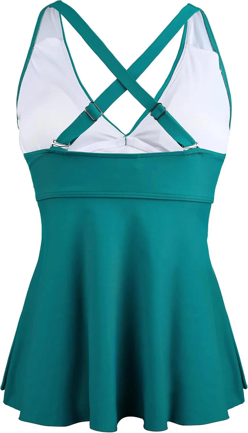 Hilor Women's Underwire Tankini Top Swimsuits V Neck Crossover Swim Tops Flared Flowy Tankini Bathing Suits Tops