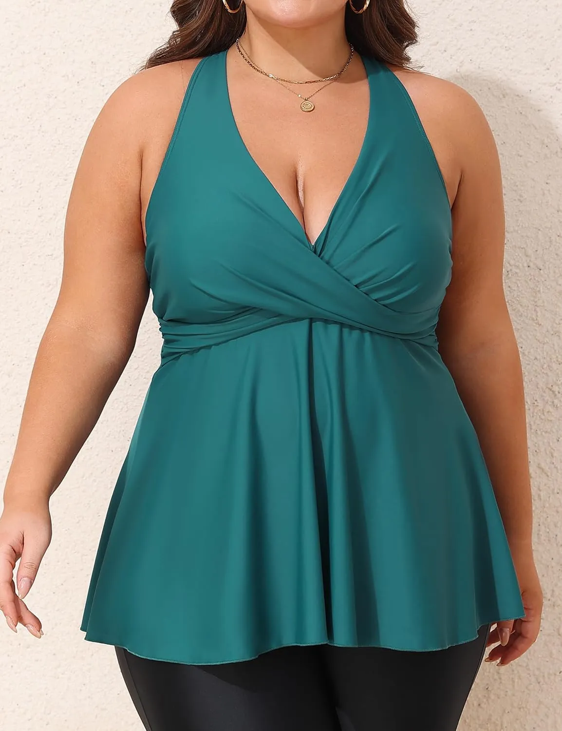 Hilor Women's Underwire Tankini Top Swimsuits V Neck Crossover Swim Tops Flared Flowy Tankini Bathing Suits Tops