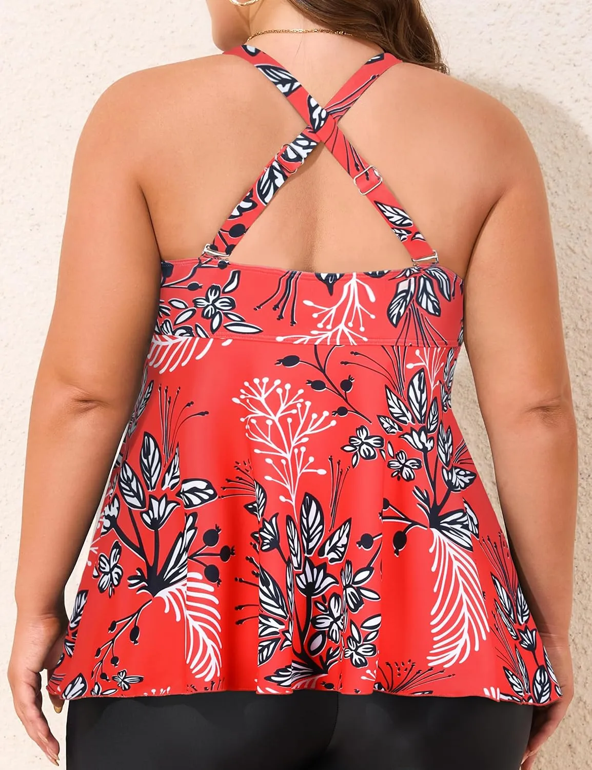 Hilor Women's Underwire Tankini Top Swimsuits V Neck Crossover Swim Tops Flared Flowy Tankini Bathing Suits Tops