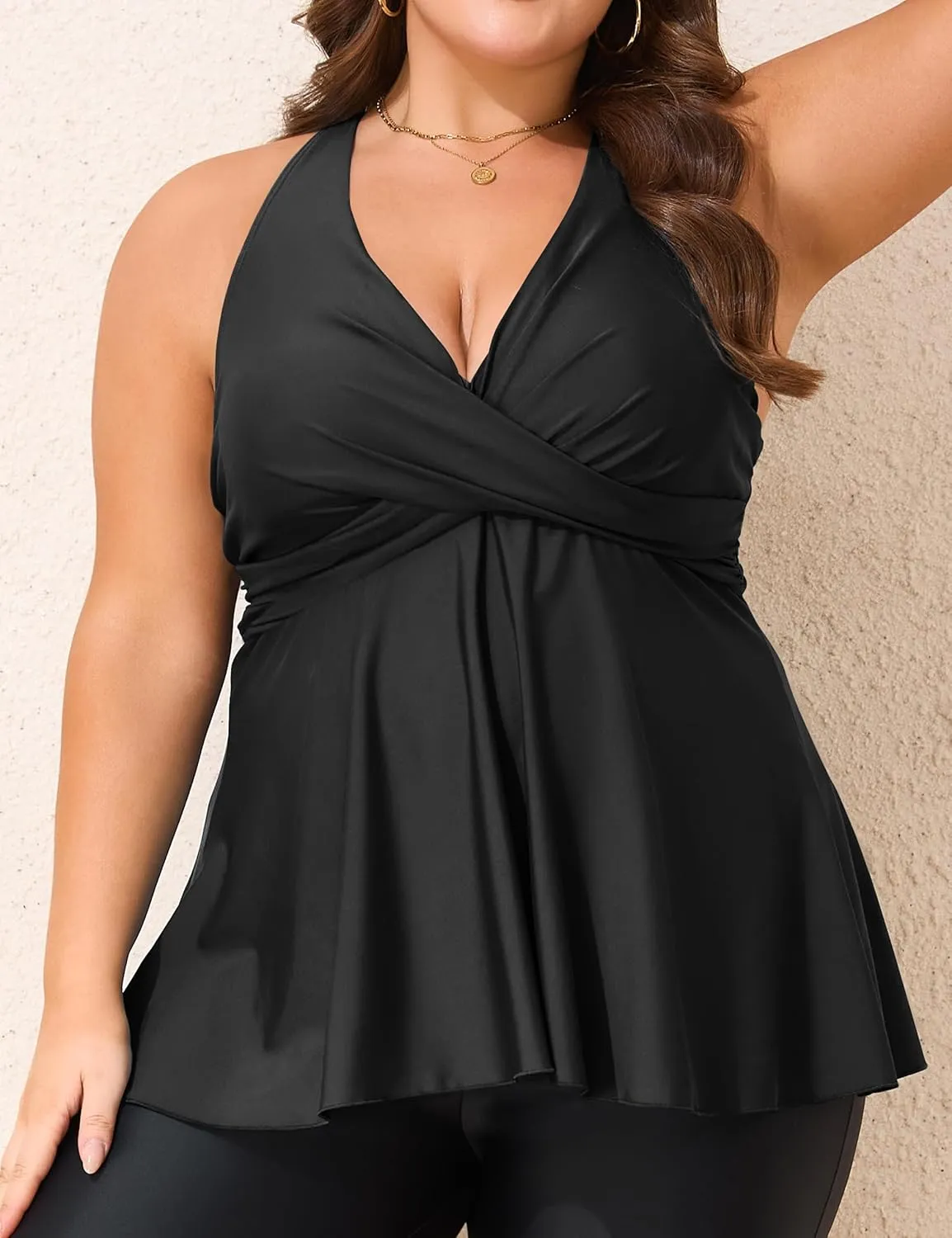 Hilor Women's Underwire Tankini Top Swimsuits V Neck Crossover Swim Tops Flared Flowy Tankini Bathing Suits Tops
