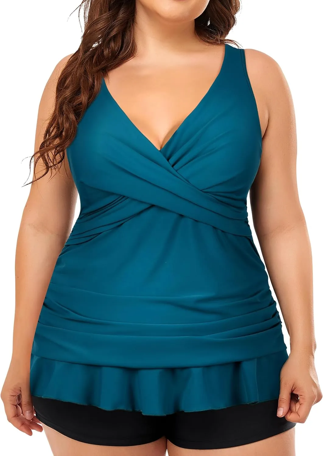 Hilor Women's Underwire Tankini Tops Tummy Control Swimsuits Crossover V Neck Swim Tops with Ruffle Hem