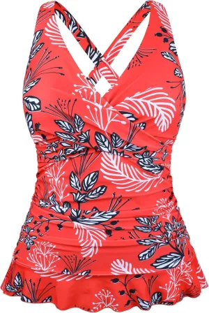 Hilor Women's Underwire Tankini Tops Tummy Control Swimsuits Crossover V Neck Swim Tops with Ruffle Hem