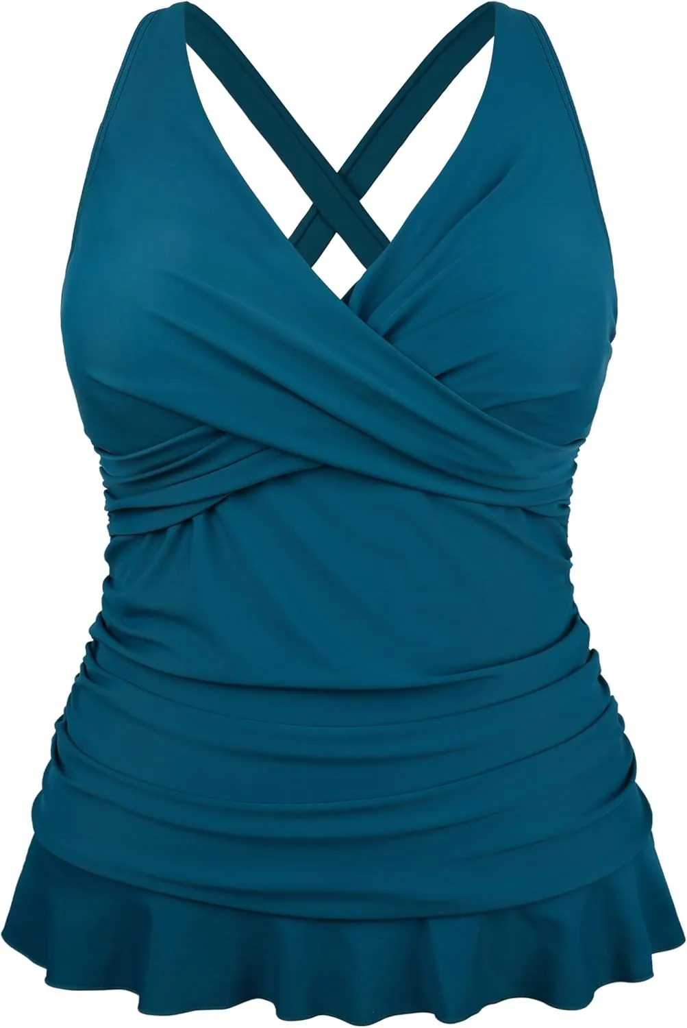 Hilor Women's Underwire Tankini Tops Tummy Control Swimsuits Crossover V Neck Swim Tops with Ruffle Hem
