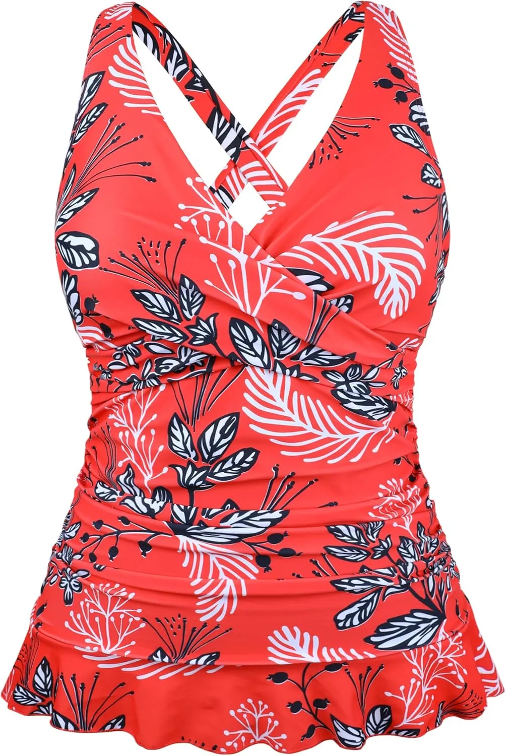 Hilor Women's Underwire Tankini Tops Tummy Control Swimsuits Crossover V Neck Swim Tops with Ruffle Hem