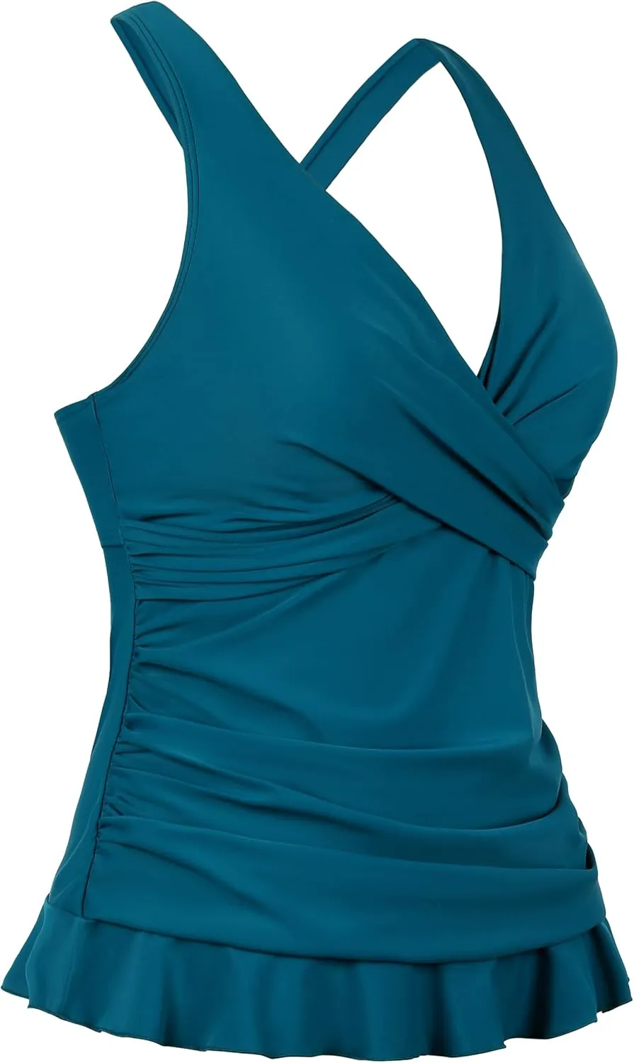 Hilor Women's Underwire Tankini Tops Tummy Control Swimsuits Crossover V Neck Swim Tops with Ruffle Hem