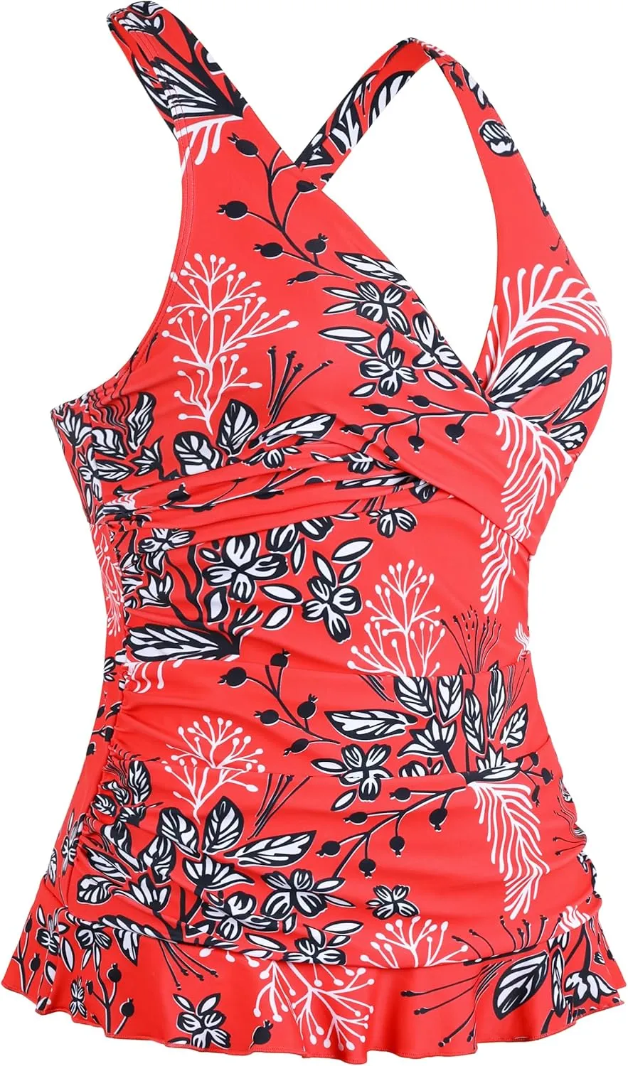 Hilor Women's Underwire Tankini Tops Tummy Control Swimsuits Crossover V Neck Swim Tops with Ruffle Hem
