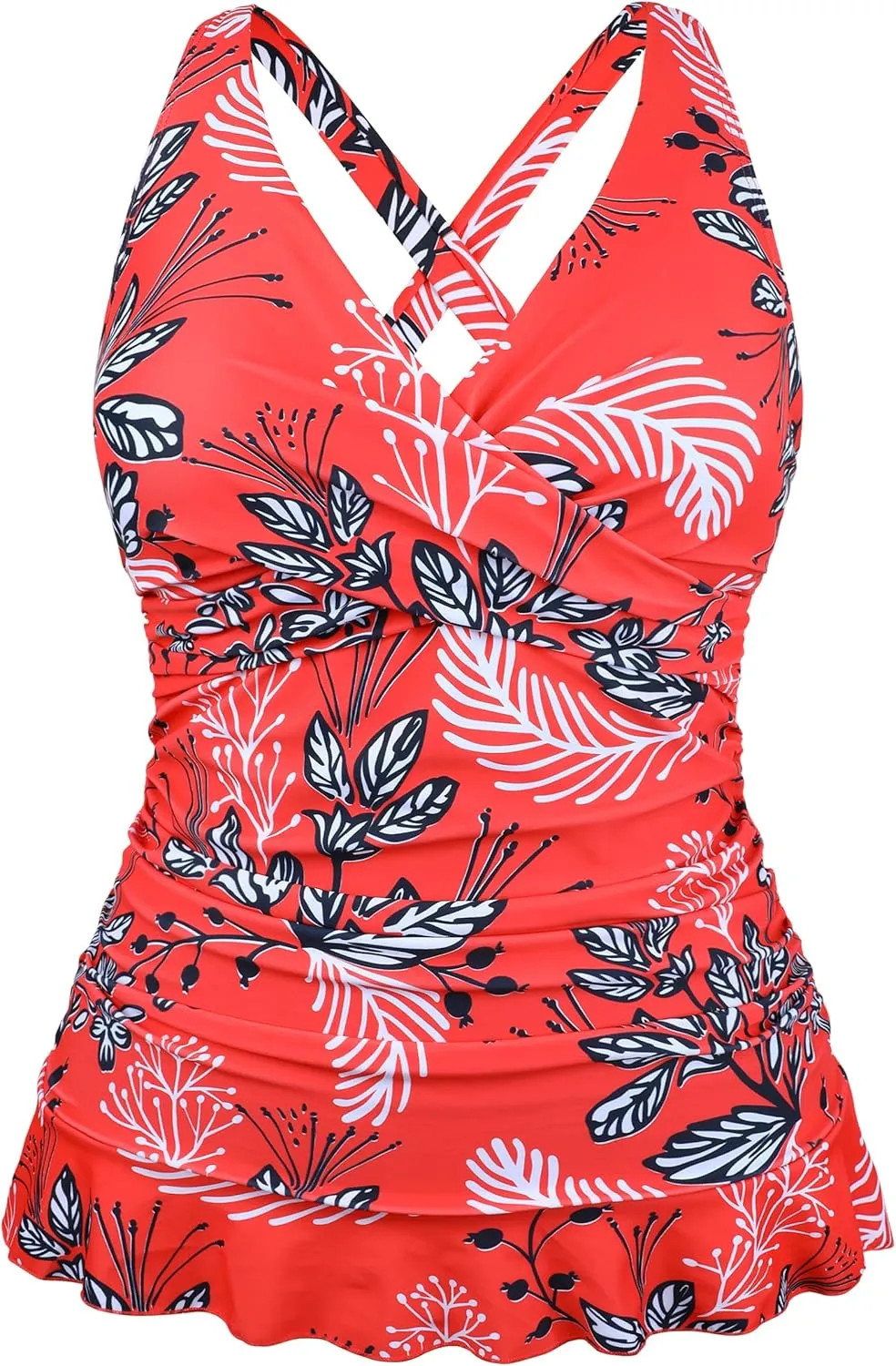 Hilor Women's Underwire Tankini Tops Tummy Control Swimsuits Crossover V Neck Swim Tops with Ruffle Hem