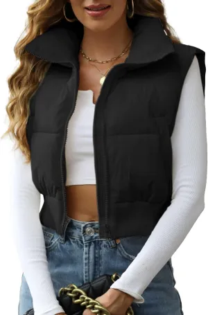 Hixiaohe Women's Winter Crop Vest Puffer Lightweight Stand Collar Padded Vest Zip Up Sleeveless Jacket
