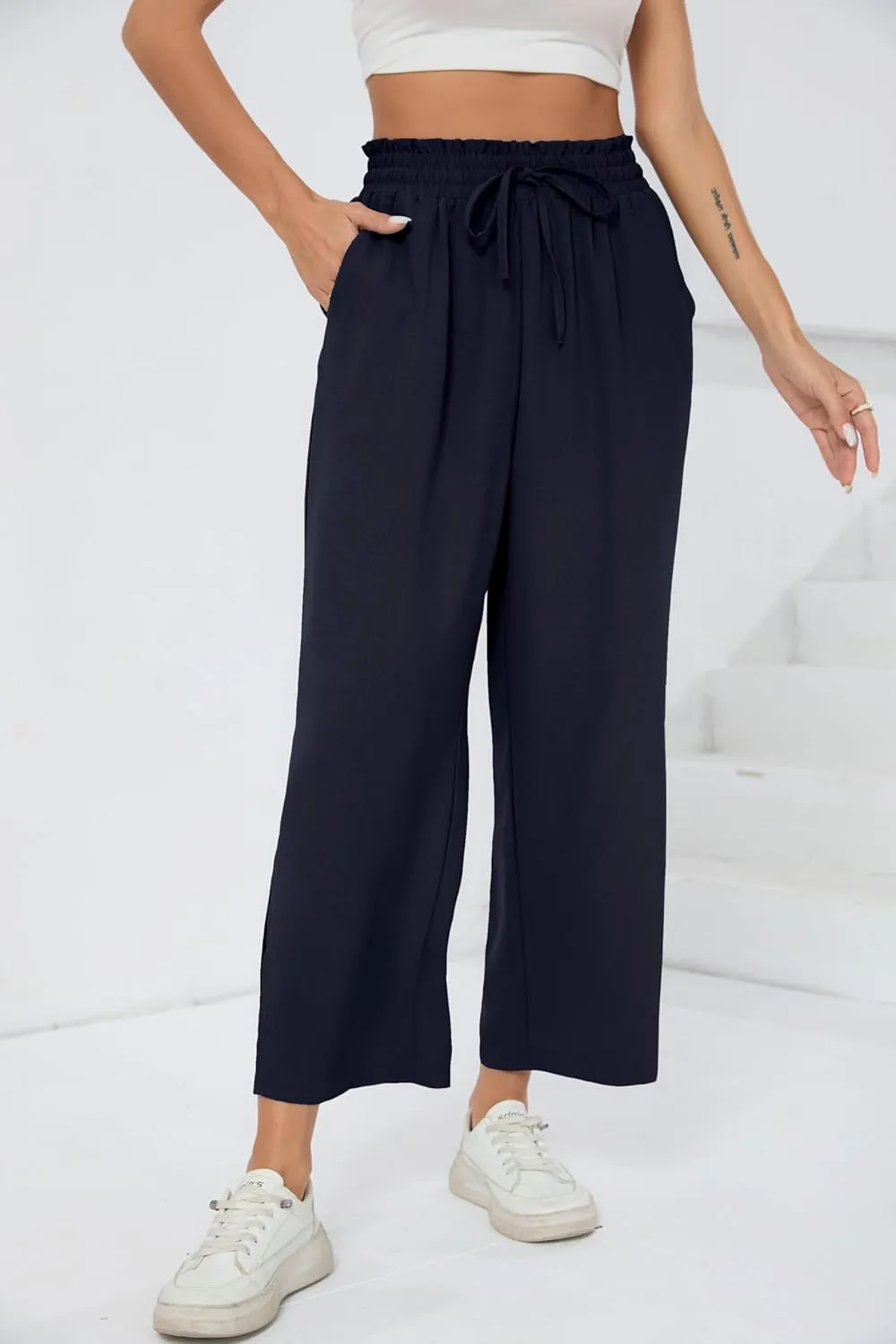 HIYIYEZI Womens Wide Leg Lounge Pants High Waisted Drawstring Casual Loose Palazzo Trousers with Pockets