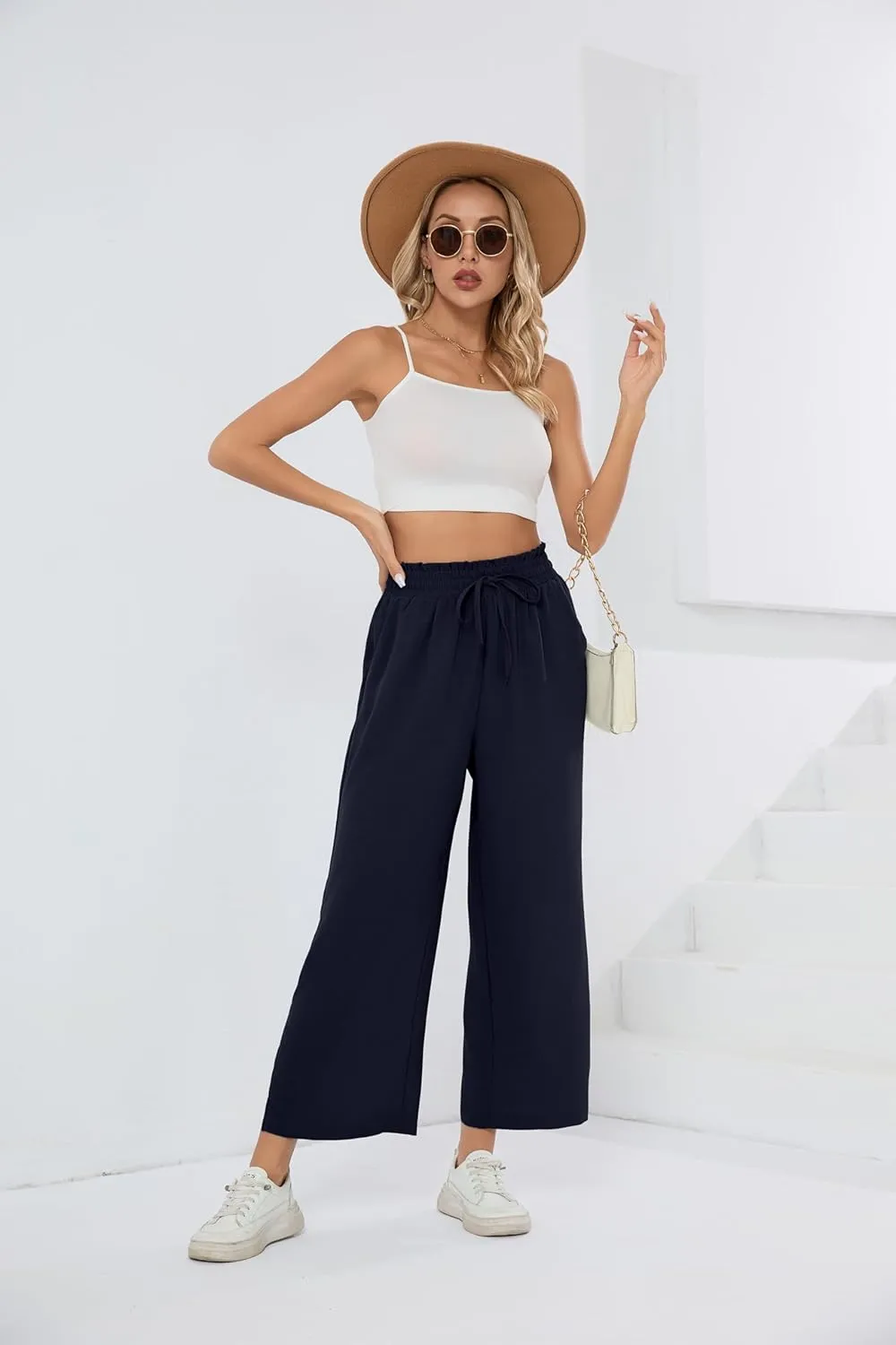 HIYIYEZI Womens Wide Leg Lounge Pants High Waisted Drawstring Casual Loose Palazzo Trousers with Pockets