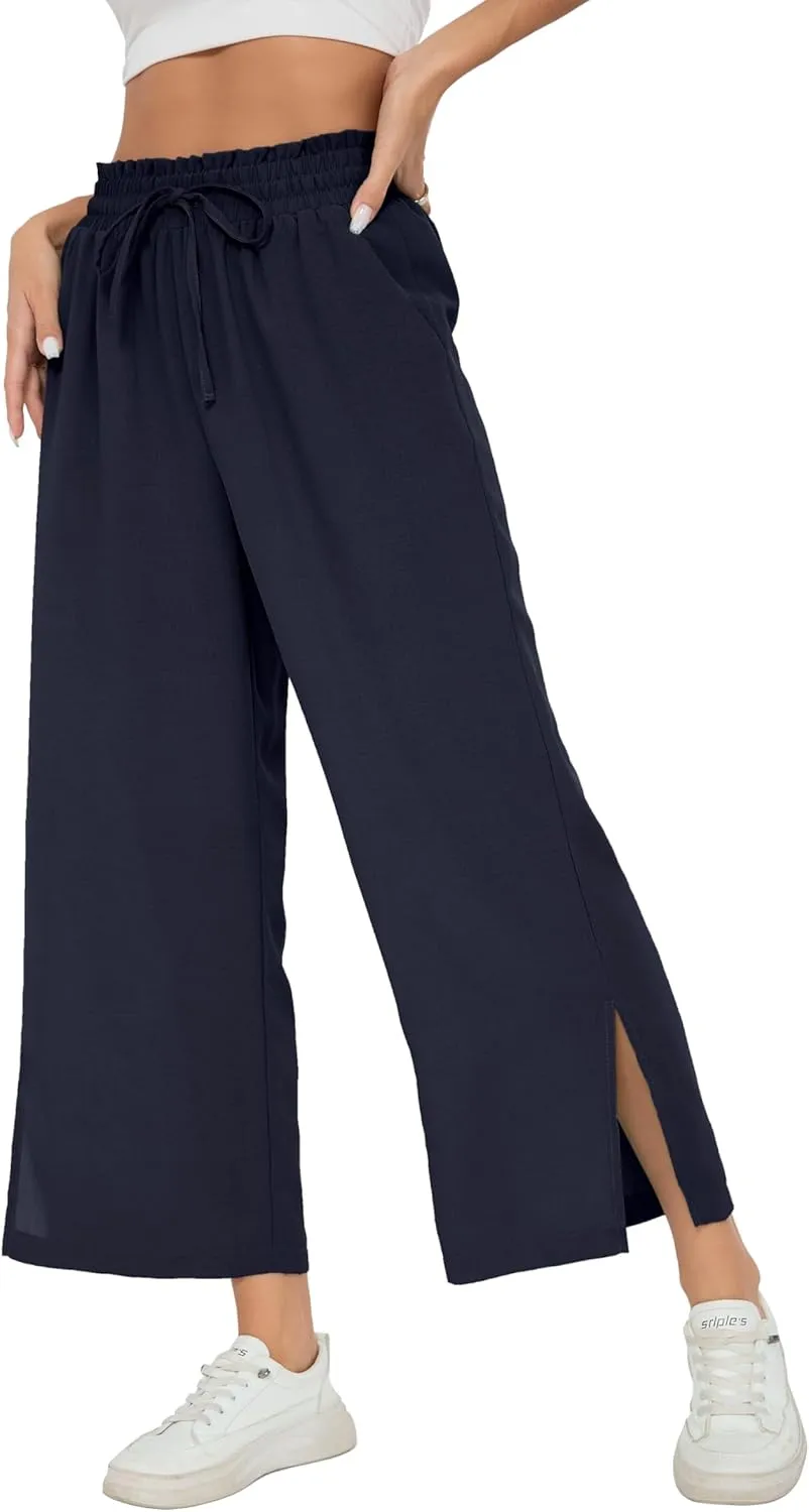 HIYIYEZI Womens Wide Leg Lounge Pants High Waisted Drawstring Casual Loose Palazzo Trousers with Pockets