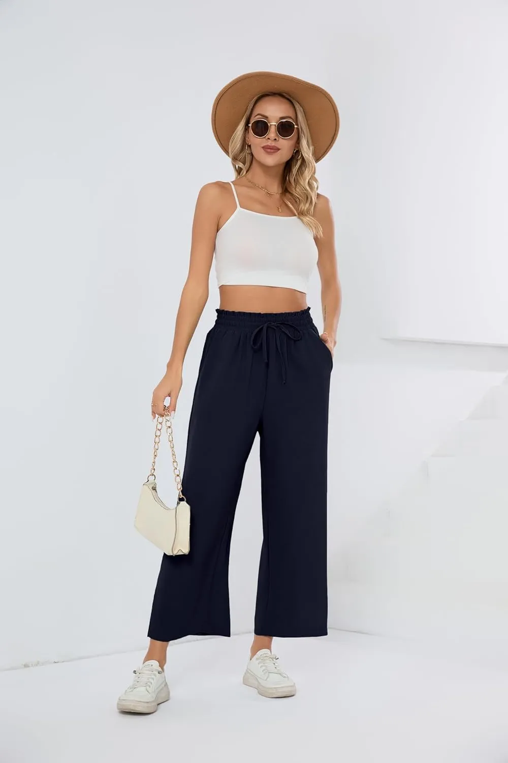 HIYIYEZI Womens Wide Leg Lounge Pants High Waisted Drawstring Casual Loose Palazzo Trousers with Pockets